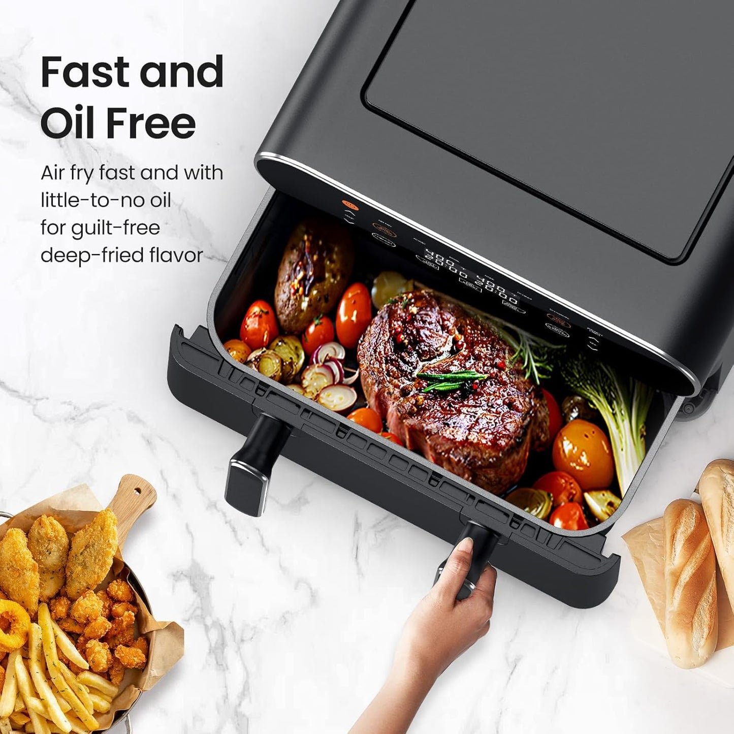 11-QT Large Air Fryer - 8 in 1 XL Airfryer with Flex Basket, Divider for Dual Cooking, Preheat, Air Fry, Roast, Broil, Bake, Reheat, Dehydrate, French Fries, Dishwasher Safe, Black