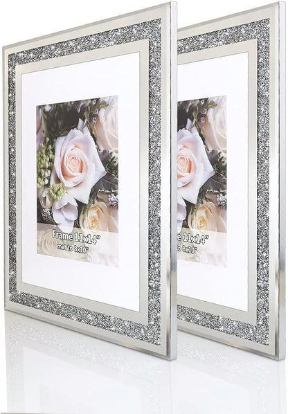 Crushed Diamond Wedding Mirror Photo Frame, Crystal Silver Glass Picture Frame For Photograph Size 11x14 inch With Mat for 8x10 inch, Pack of 2 Pieces Wall Frame. Bling Sparkle Diamond Home Decor.