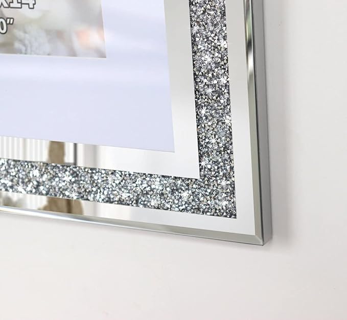 Crushed Diamond Wedding Mirror Photo Frame, Crystal Silver Glass Picture Frame For Photograph Size 11x14 inch With Mat for 8x10 inch, Pack of 2 Pieces Wall Frame. Bling Sparkle Diamond Home Decor.