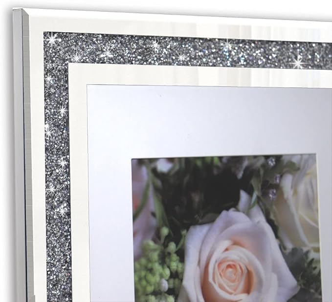 Crushed Diamond Wedding Mirror Photo Frame, Crystal Silver Glass Picture Frame For Photograph Size 11x14 inch With Mat for 8x10 inch, Pack of 2 Pieces Wall Frame. Bling Sparkle Diamond Home Decor.