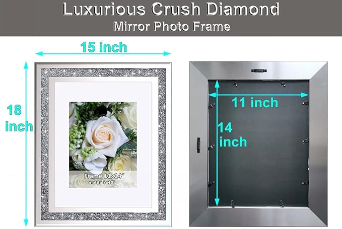 Crushed Diamond Wedding Mirror Photo Frame, Crystal Silver Glass Picture Frame For Photograph Size 11x14 inch With Mat for 8x10 inch, Pack of 2 Pieces Wall Frame. Bling Sparkle Diamond Home Decor.