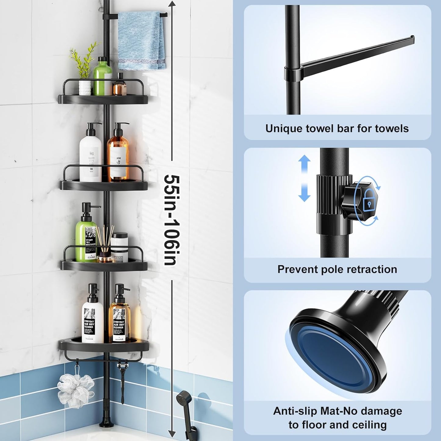 HAMITOR Corner Shower Caddy: 4 Tier Shampoo Storage Organizer for Inside Shower