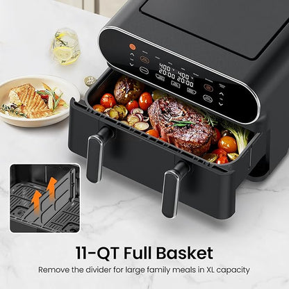 11-QT Large Air Fryer - 8 in 1 XL Airfryer with Flex Basket, Divider for Dual Cooking, Preheat, Air Fry, Roast, Broil, Bake, Reheat, Dehydrate, French Fries, Dishwasher Safe, Black