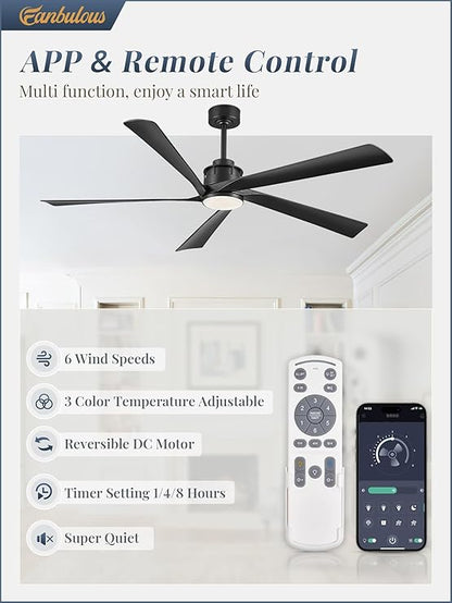 64 Inch Ceiling Fans with Lights and Remote,Smart Ceiling Fan with APP Control,Reversible DC Motor,Dimmable,5 ABS Blades,Black Indoor/Outdoor Modern Low Profile Ceiling Fan with Light