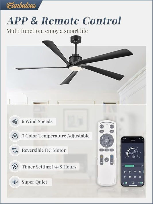 64 Inch Ceiling Fans with Lights and Remote,Smart Ceiling Fan with APP Control,Reversible DC Motor,Dimmable,5 ABS Blades,Black Indoor/Outdoor Modern Low Profile Ceiling Fan with Light