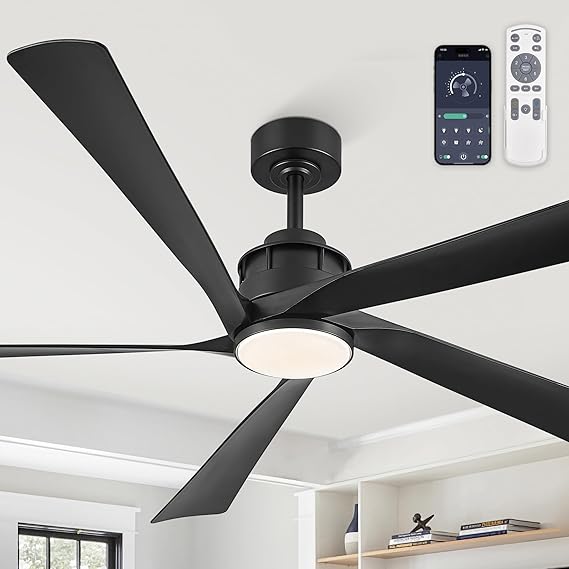 64 Inch Ceiling Fans with Lights and Remote,Smart Ceiling Fan with APP Control,Reversible DC Motor,Dimmable,5 ABS Blades,Black Indoor/Outdoor Modern Low Profile Ceiling Fan with Light