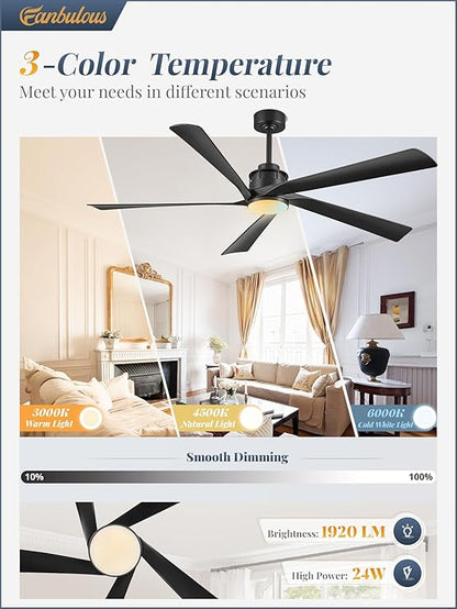 64 Inch Ceiling Fans with Lights and Remote,Smart Ceiling Fan with APP Control,Reversible DC Motor,Dimmable,5 ABS Blades,Black Indoor/Outdoor Modern Low Profile Ceiling Fan with Light