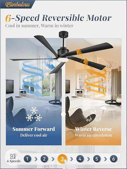 64 Inch Ceiling Fans with Lights and Remote,Smart Ceiling Fan with APP Control,Reversible DC Motor,Dimmable,5 ABS Blades,Black Indoor/Outdoor Modern Low Profile Ceiling Fan with Light