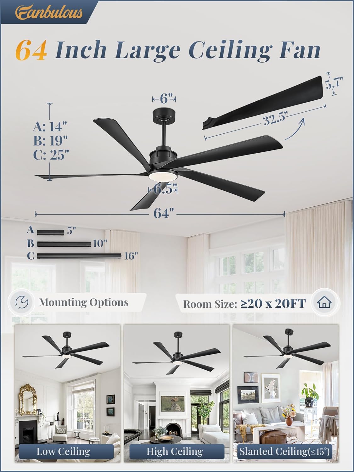 64 Inch Ceiling Fans with Lights and Remote,Smart Ceiling Fan with APP Control,Reversible DC Motor,Dimmable,5 ABS Blades,Black Indoor/Outdoor Modern Low Profile Ceiling Fan with Light