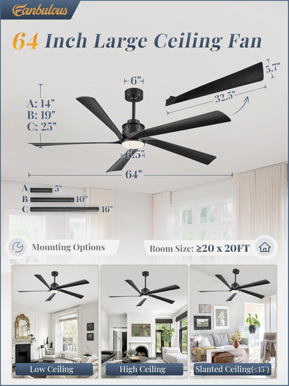 64 Inch Ceiling Fans with Lights and Remote,Smart Ceiling Fan with APP Control,Reversible DC Motor,Dimmable,5 ABS Blades,Black Indoor/Outdoor Modern Low Profile Ceiling Fan with Light